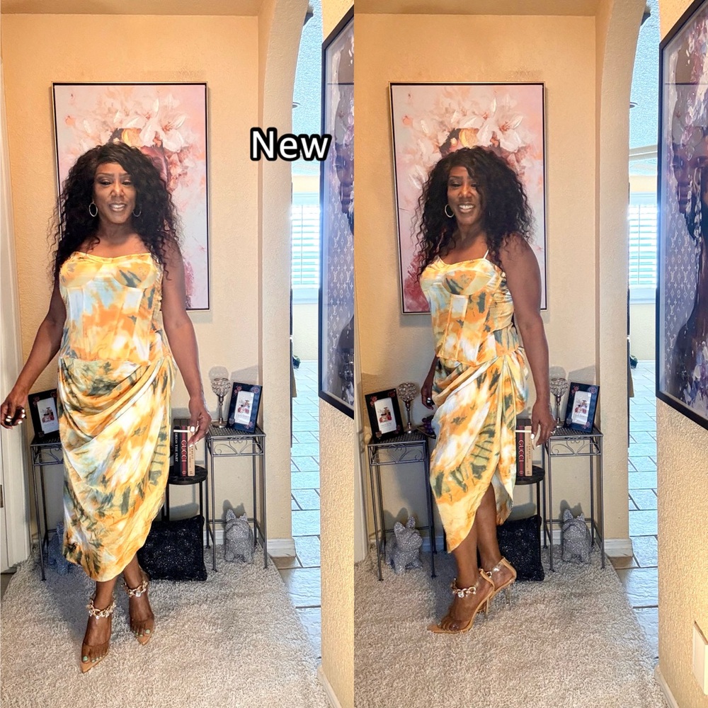 PrettyLittleThing Strapless Yellow and Green Dress